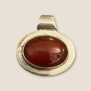 Sterling Silver 925 Carnelian Pendant Oval Design Signed Mexico 7.18 Grams 1x1 I